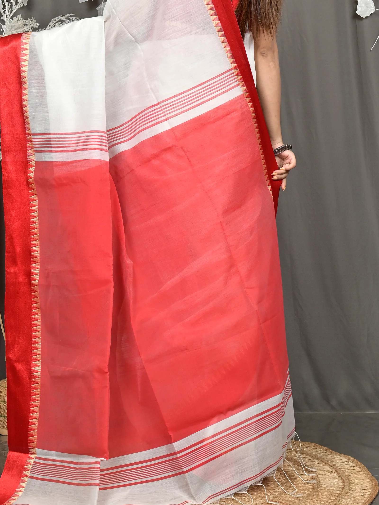 White Red Pure Cotton Borma Handloom Saree (2262)